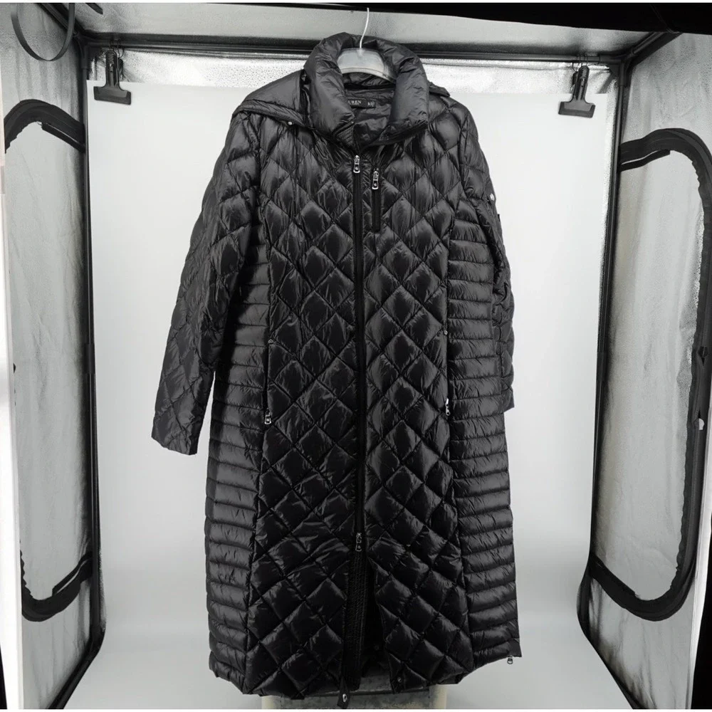 Lauren Ralph Lauren Womens Black Diamond Quilted Down Puffer Coat Hooded XL - Picture 1 of 11